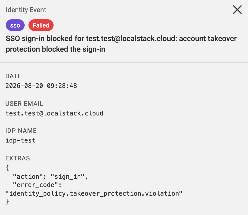 Identity Logs event for an SSO sign-in blocked by account takeover protection